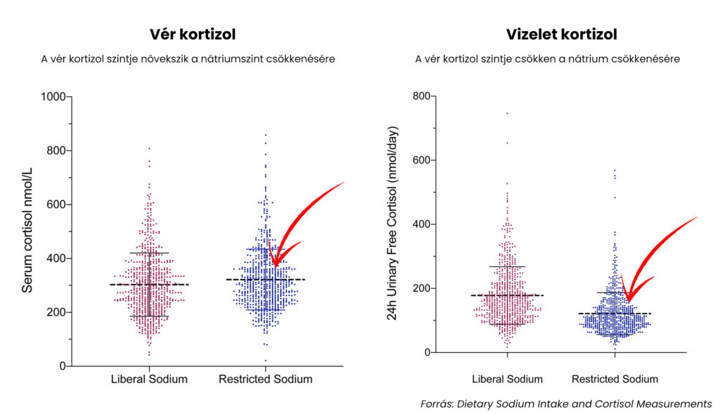 A vérben és vizeletben mért kortizol értékek étrendi nátriumbevitel (sófogyasztás) hatására.