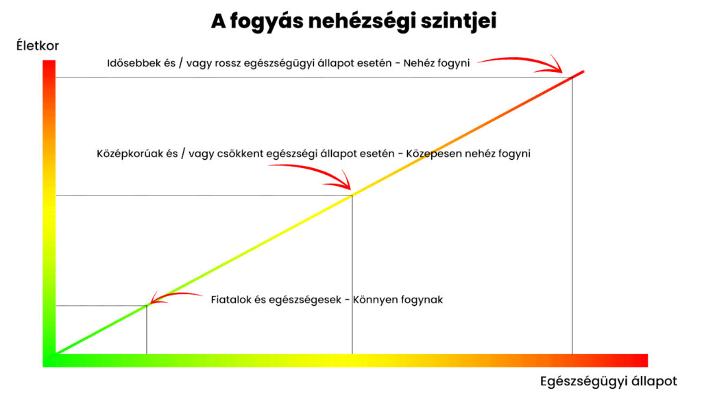 A fogyás mértékét és sebességét befolyásolja a kor és az egészségi állapot is.